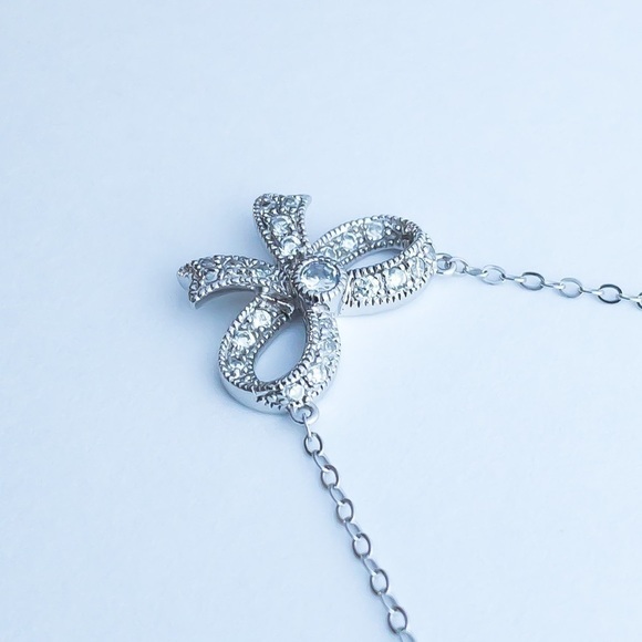 Sterling Silver Chain Pendant Necklace Pave Cubic Zirconia CZ Bow Pendant .925 - Picture 7 of 13